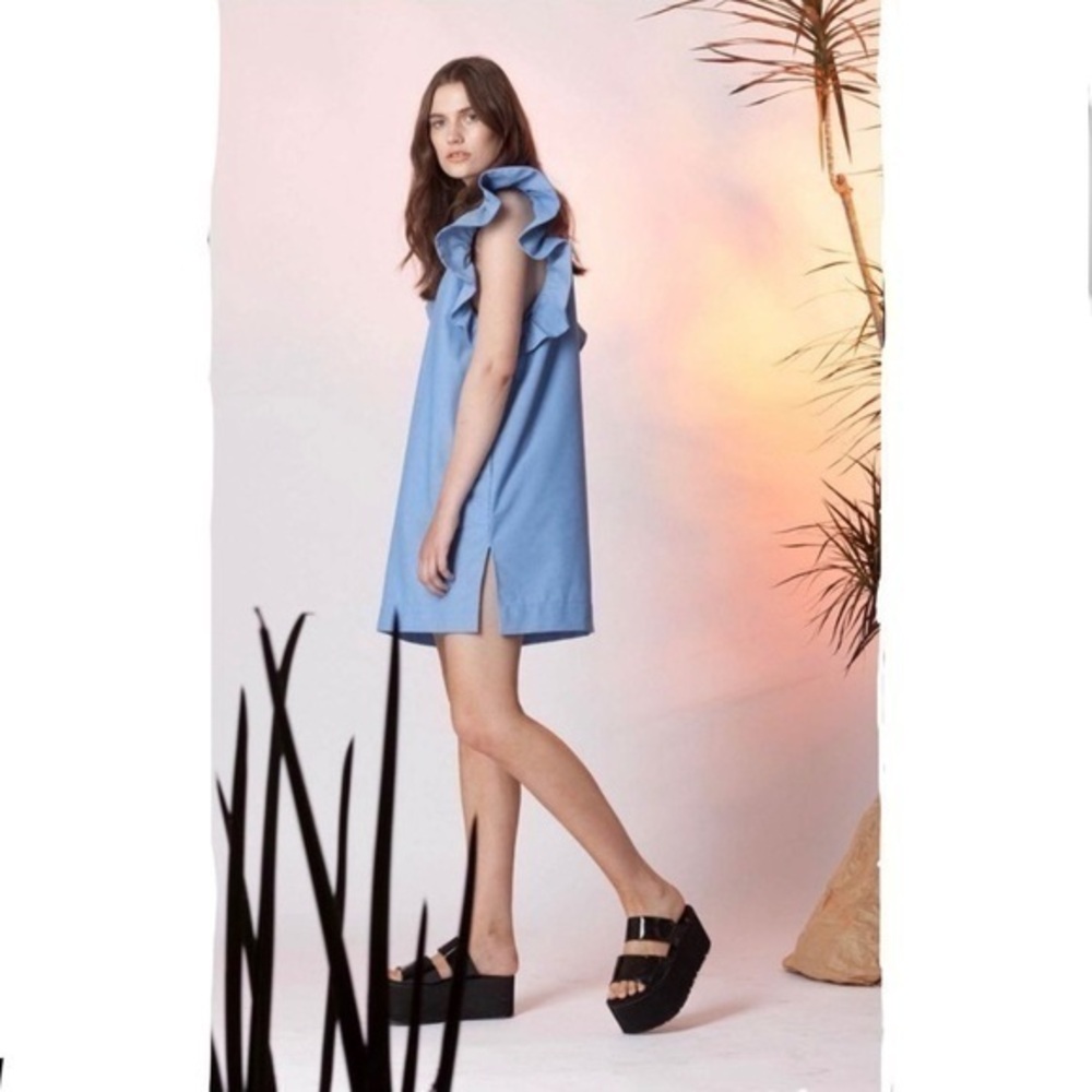 ✅ Toit Volant Dress Toulouse Mini Ruffle Sleeve in Chambray Blue